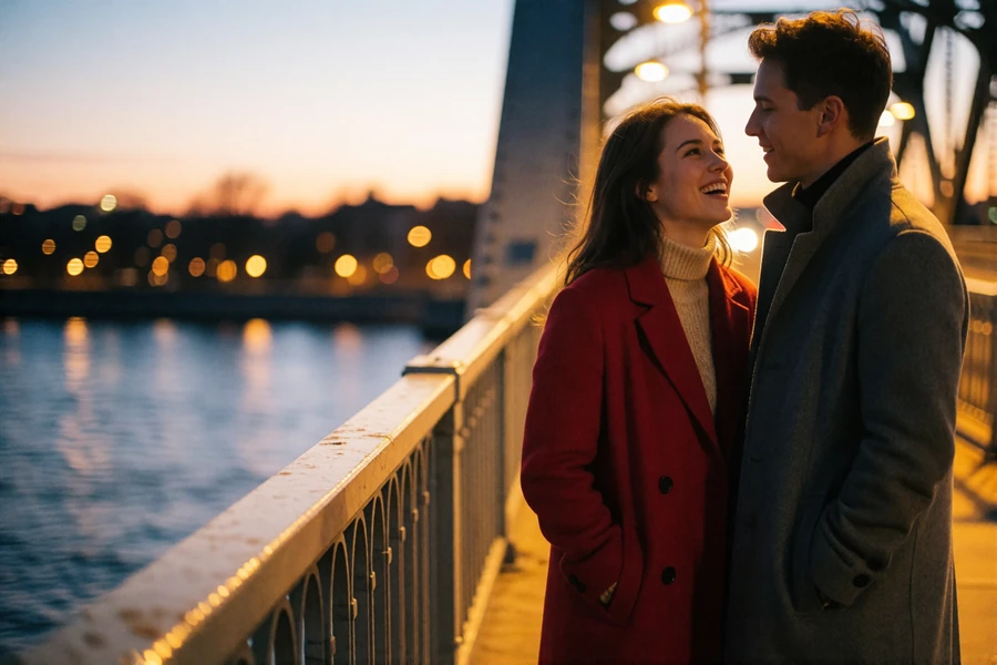 Couple standing close together on a wide river bridge at dusk