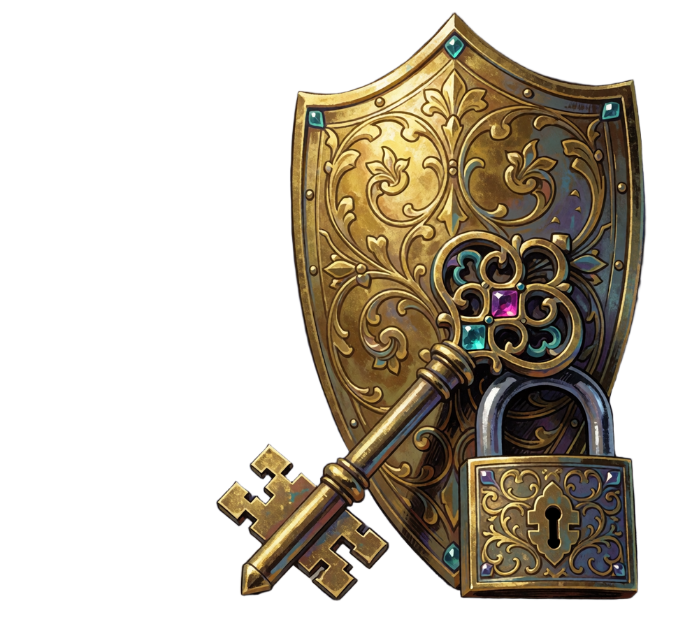 Illustrated gold shield, ornate key and padlock representing personal data protection in online dating