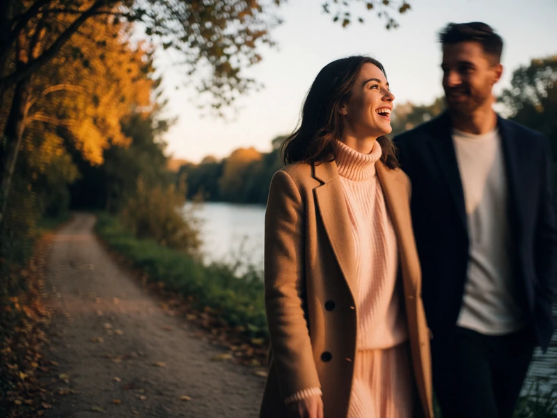 Couple walking side by side along a riverside path in autumn, the woman mid-laugh turned toward her partner