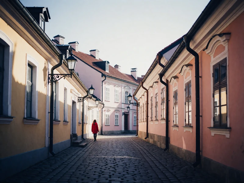 Narrow cobbled lane between pastel baroque buildings with a woman in a red coat walking away