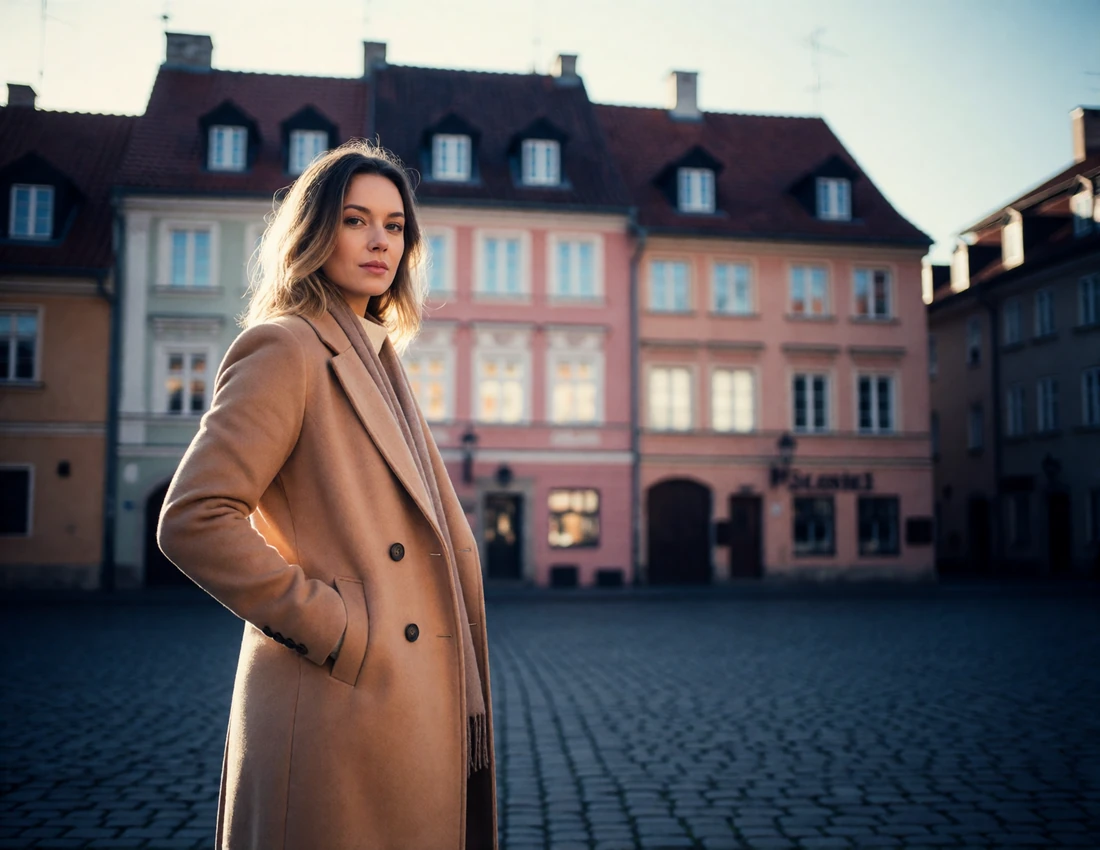 Polish woman in a camel wool coat pausing on a cobbled old-town square with pastel townhouses