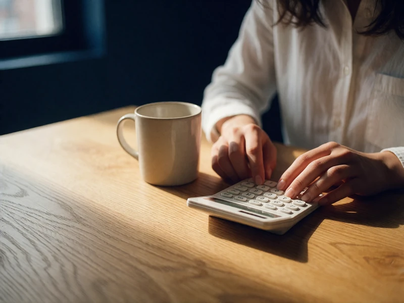 Woman's hands beside a calculator and mug on a sunlit oak table while planning a budget