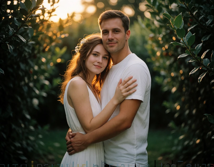 Newly married couple embracing in a green garden, the bride in a simple white dress with flowers in her hair