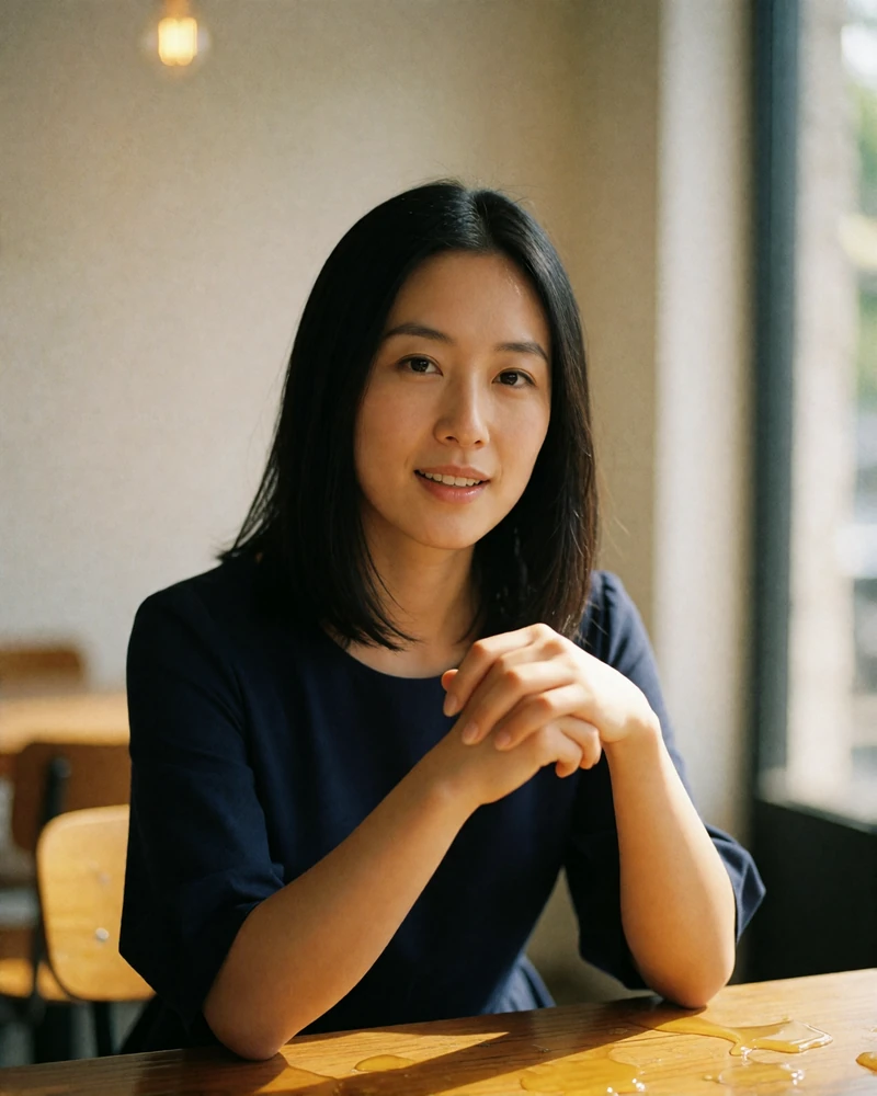 Hungarian woman with straight black hair seated at a café table with a warm, attentive expression