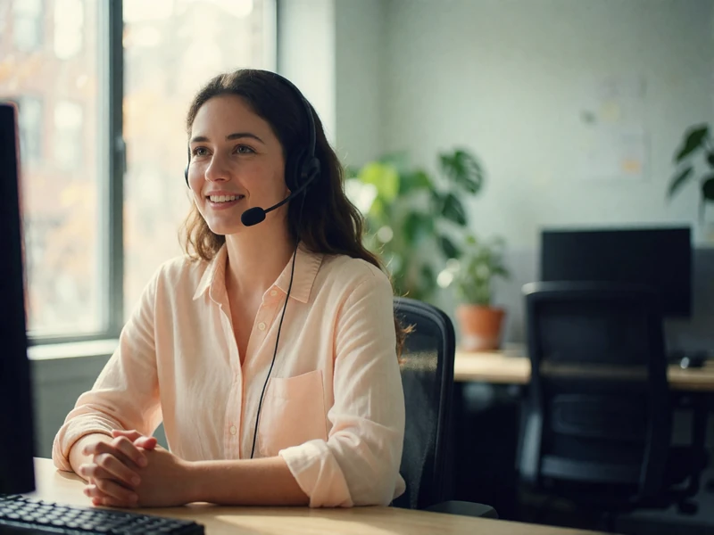 Friendly woman with a slim headset smiling gently in a bright open-plan office