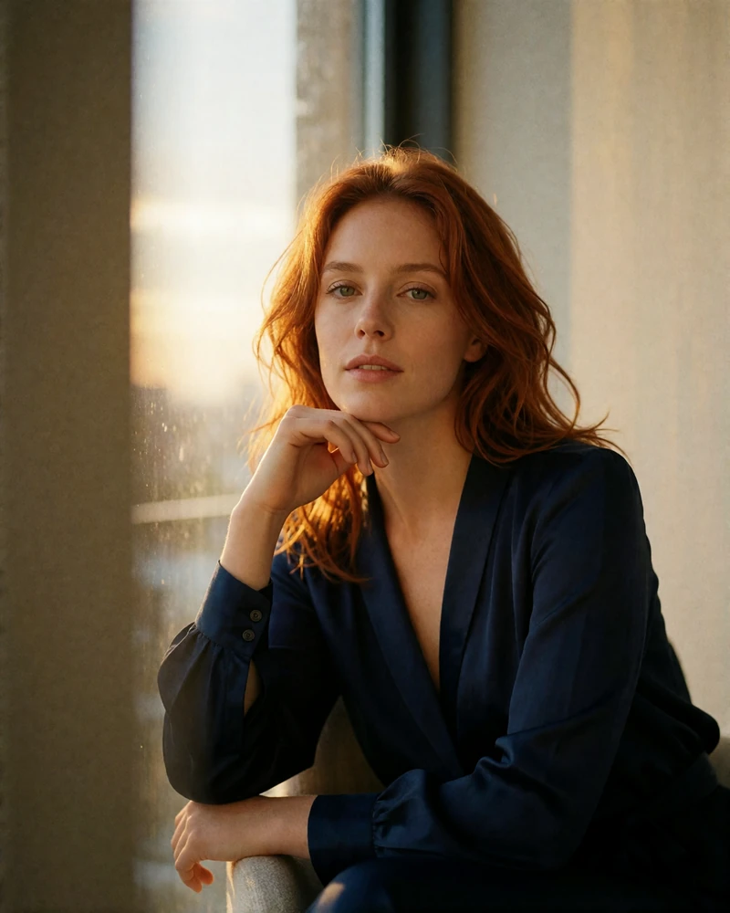 Verified profile portrait of an auburn-haired Czech woman in a navy blouse seated by a window
