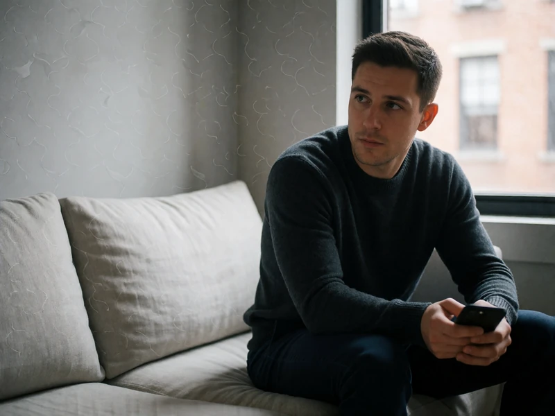 Man in a charcoal sweater on a linen sofa holding his phone face-down while looking away thoughtfully