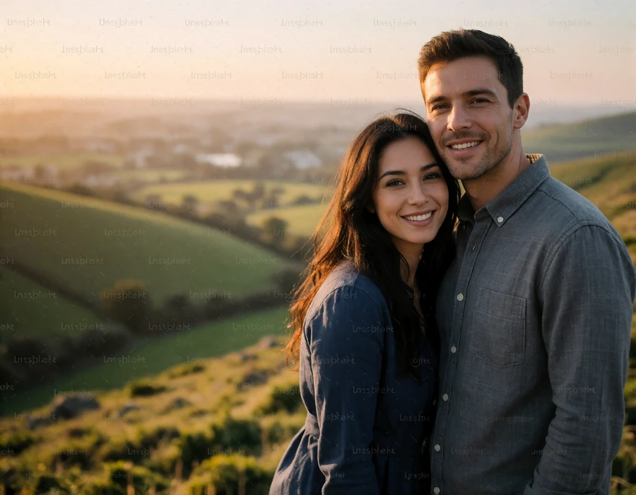 Relaxed couple standing side by side at a hilltop viewpoint over rolling green countryside