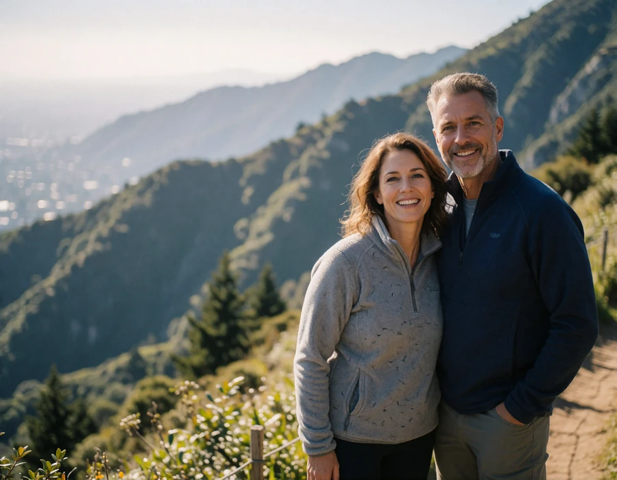 Couple pausing on a mountain trail with layered green ridges near the Rila mountains
