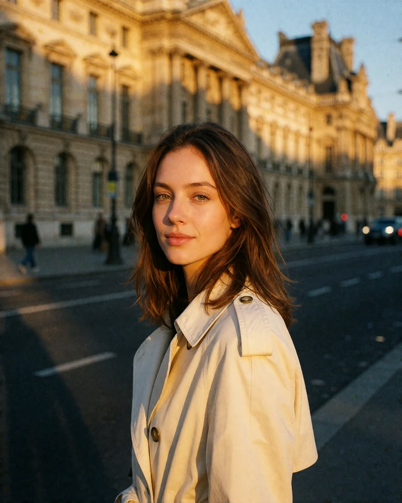 Hazel-eyed Hungarian woman in a cream trench coat standing on a wide city boulevard at dusk