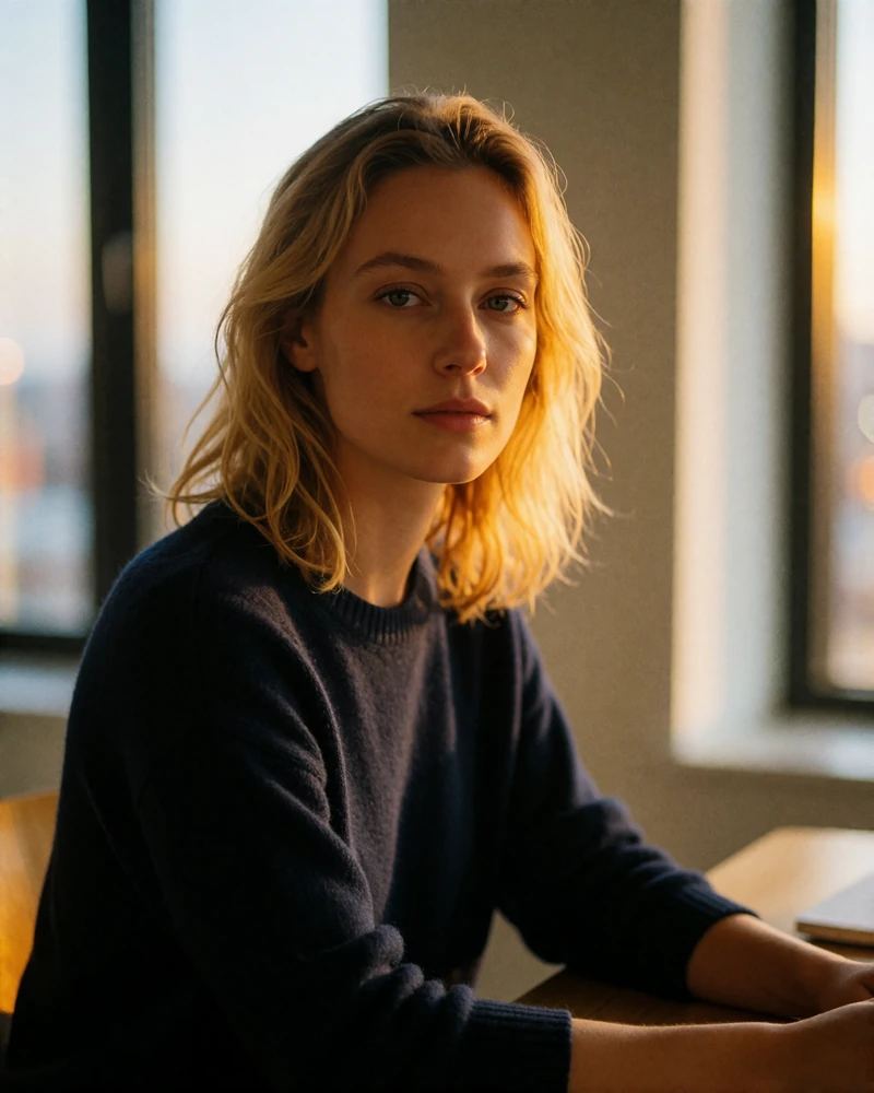 Verified Belarusian woman with dark blonde hair seated at a wooden desk near a window