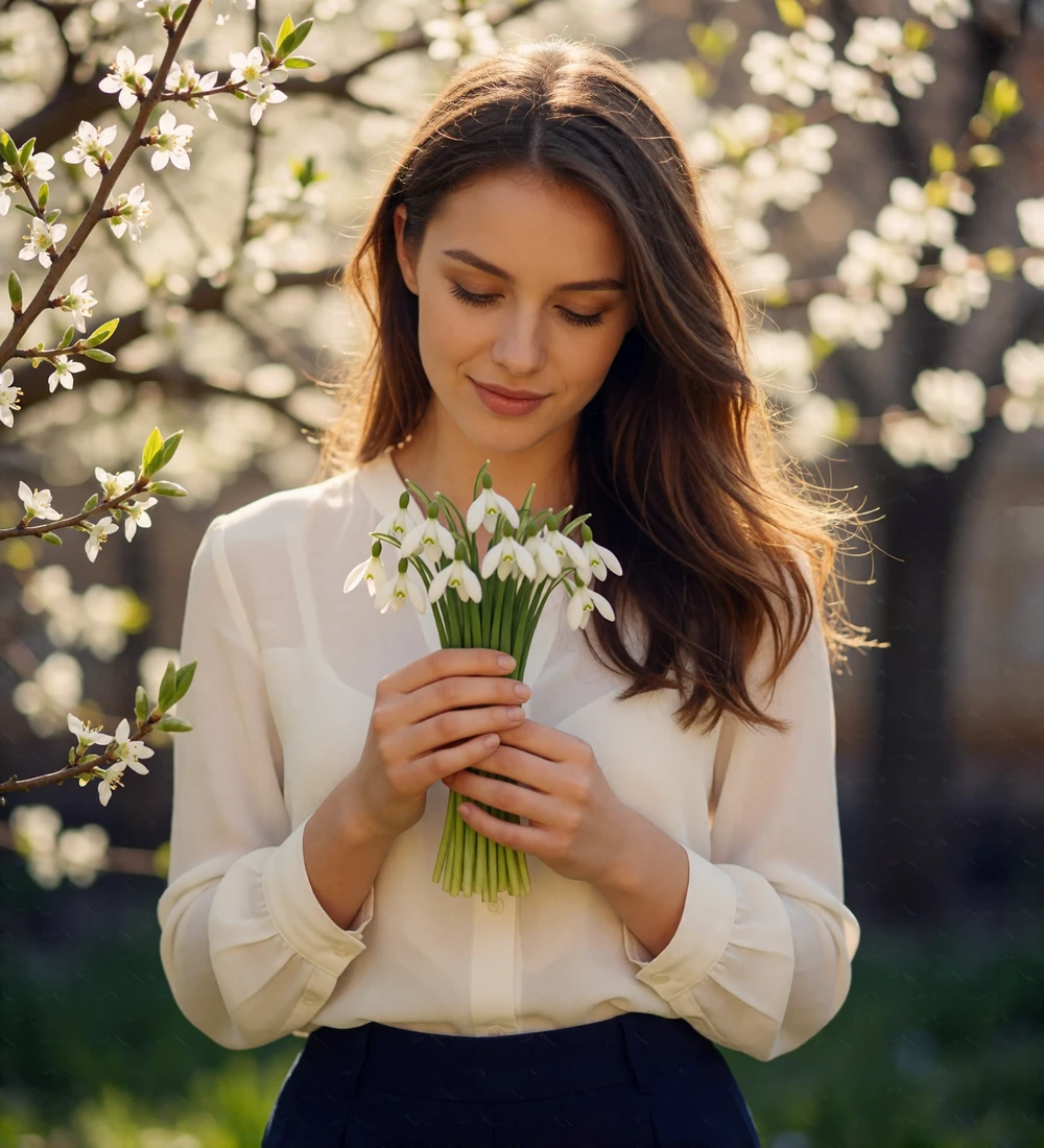 Young Romanian woman in a white blouse holding a small posy of snowdrops in early spring sunlight