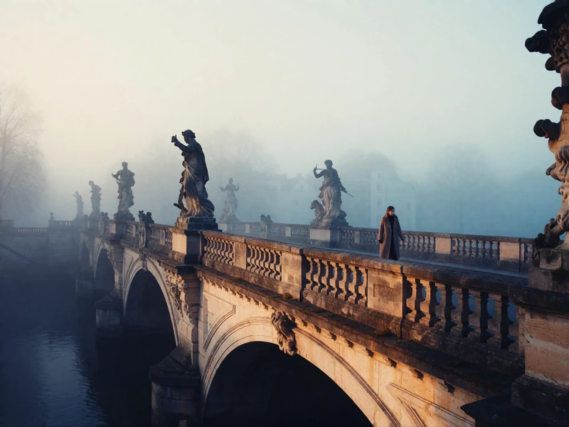 Stone river bridge with baroque statuary receding into morning mist in an Eastern European city