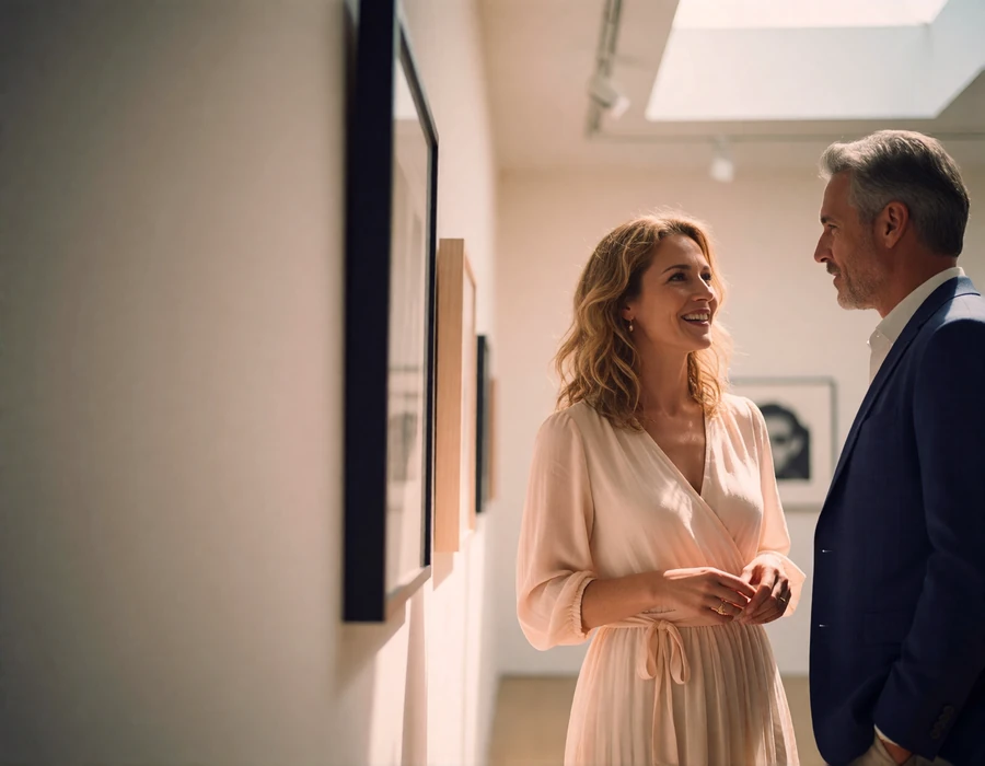 Couple in their late thirties smiling together in the bright hall of an upscale gallery interior