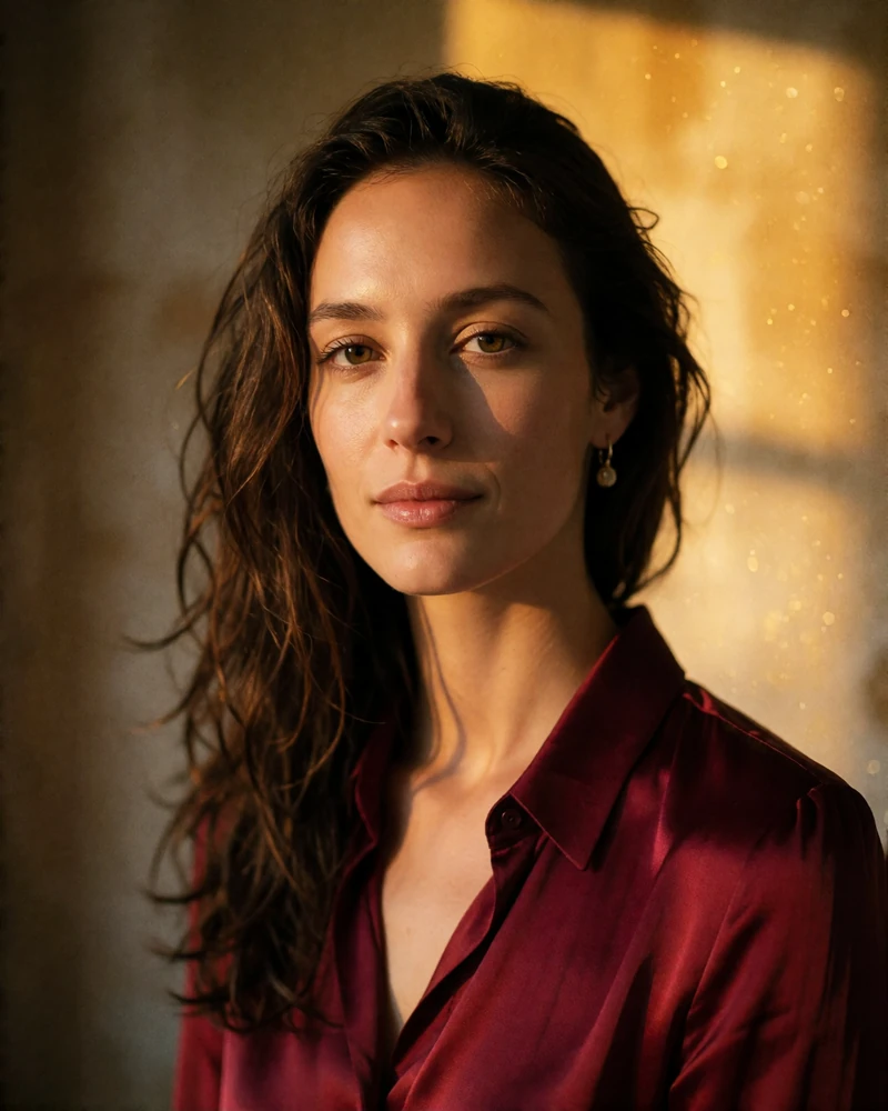 Dark-brown-haired Hungarian woman in a burgundy silk blouse smiling against a warm plaster wall