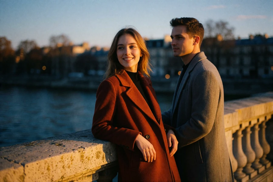 Couple standing at a stone river balustrade at dusk with a warm sunset glow