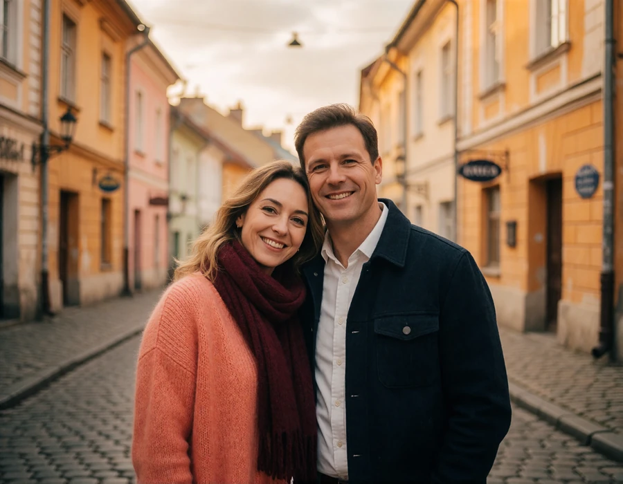Couple in their late thirties standing close together on a cobbled old-town street in Lviv, Ukraine