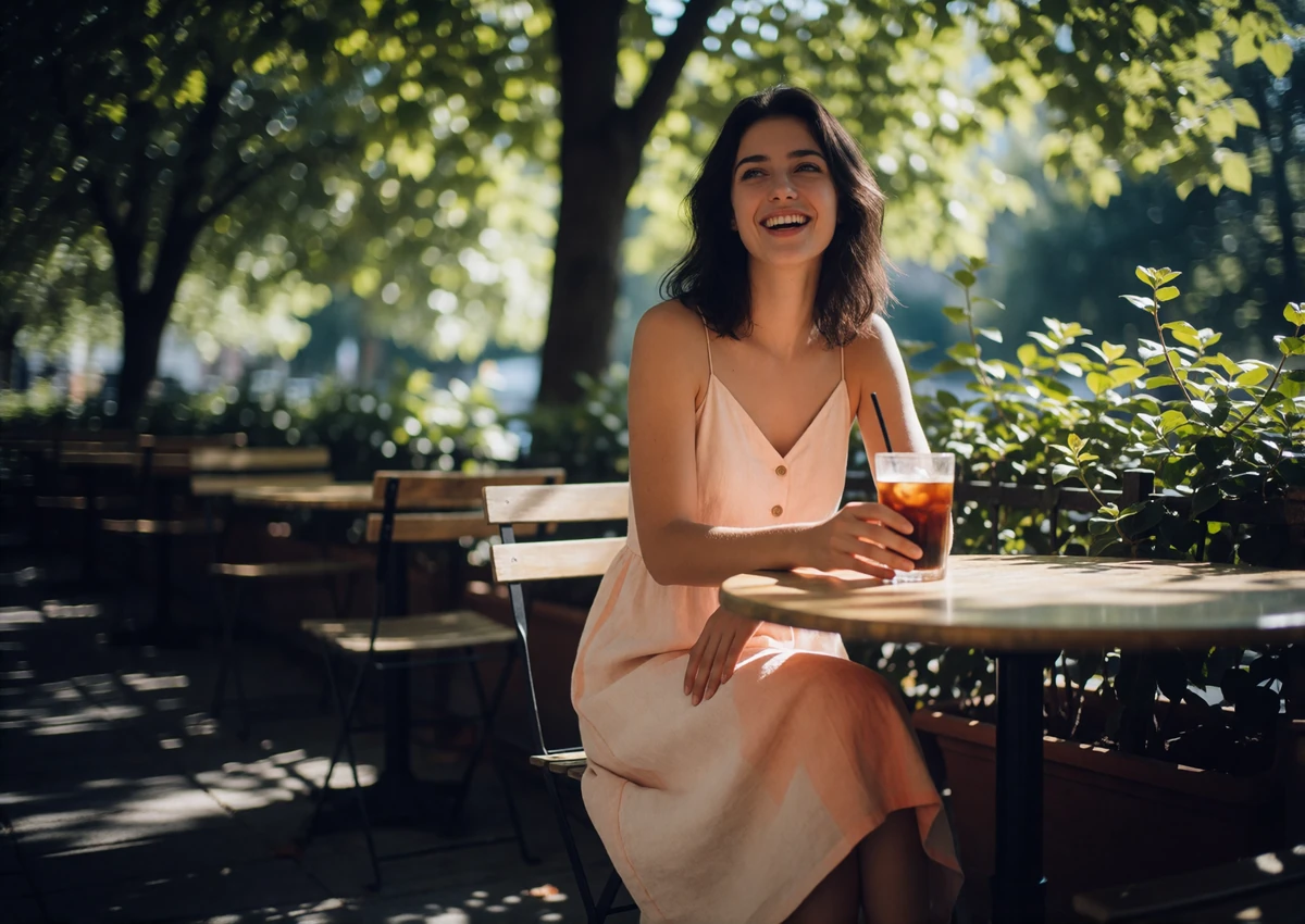 Romanian woman in a linen sundress laughing at an outdoor café table under leafy trees