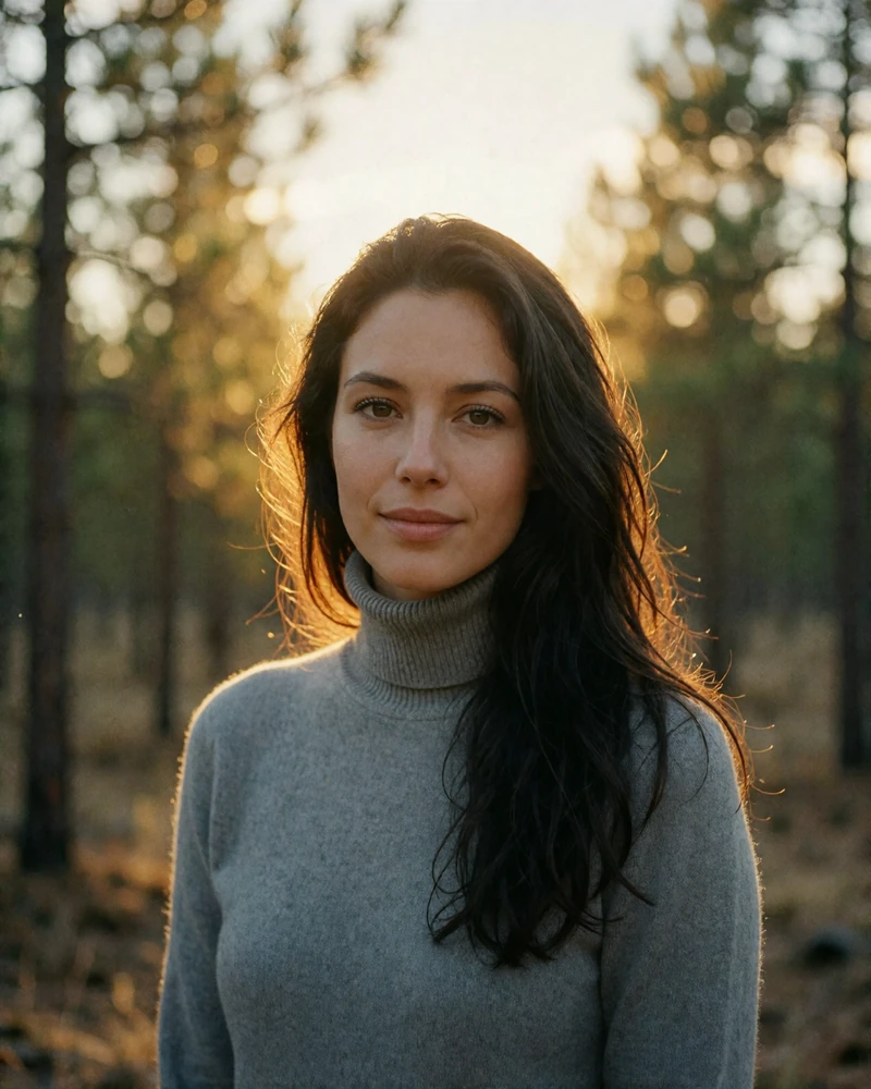 Dark-haired Slovak woman in a grey turtleneck smiling against a blurred pine-forest background