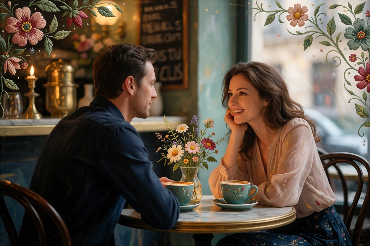 Couple sharing coffee at a small marble cafe table in Eastern Europe during an early stage of their relationship