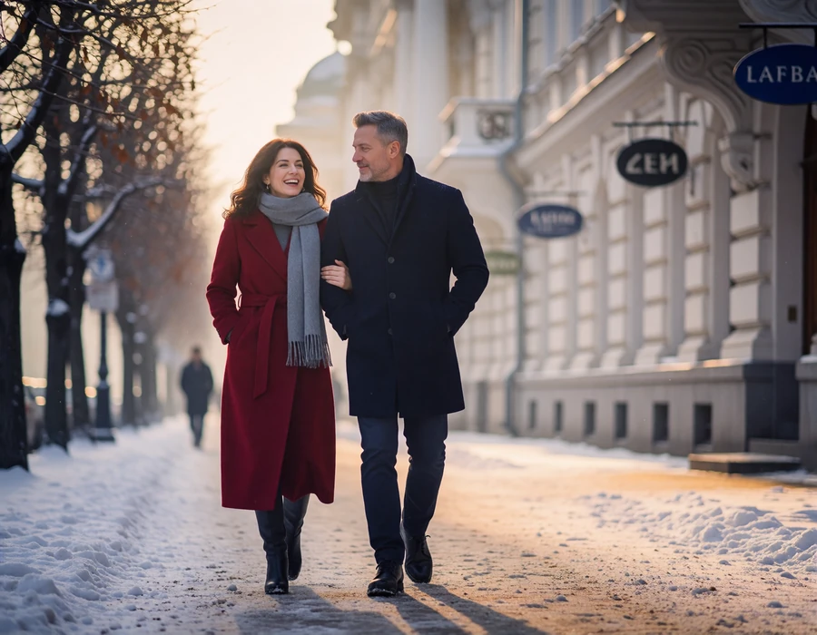 Couple in their forties walking arm in arm along a snow-dusted city boulevard past pale classical architecture