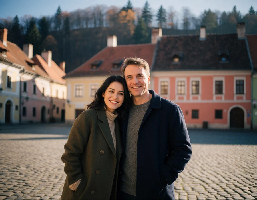 Couple in their late thirties standing together on a cobbled square in Brașov, Romania