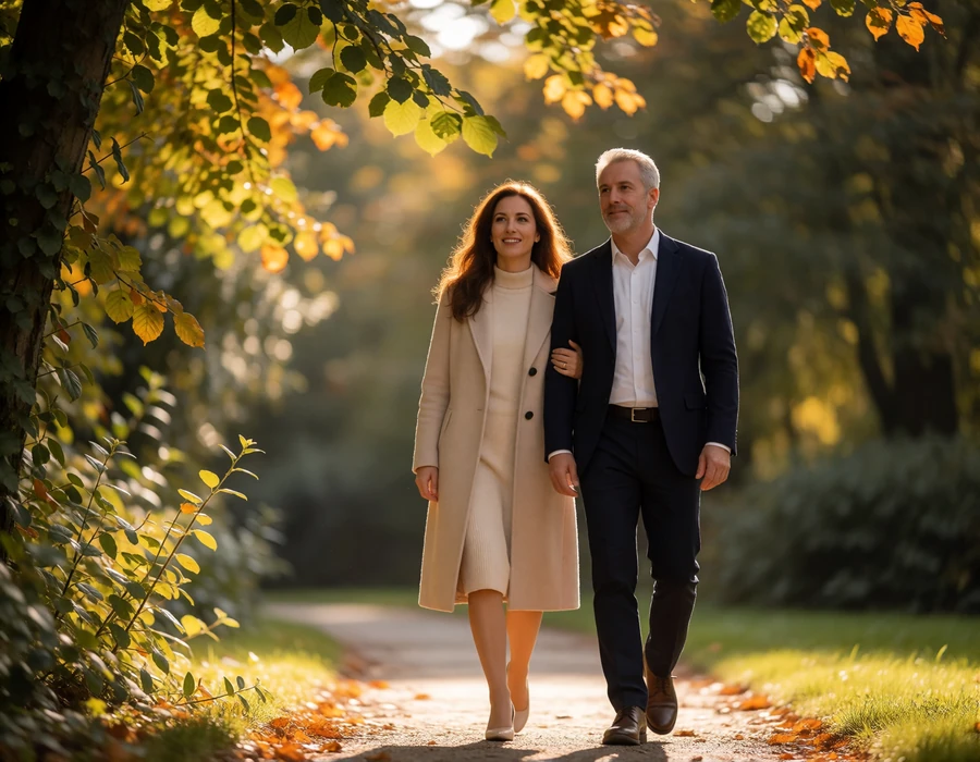 Couple walking side by side along a tree-lined park path in early autumn with golden foliage around them