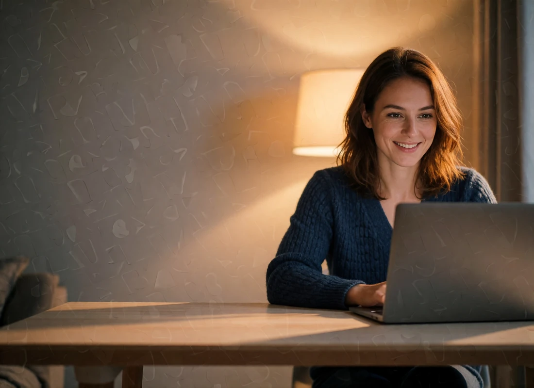 Woman in her early thirties smiling warmly at a laptop screen during an evening video call in a softly lit apartment