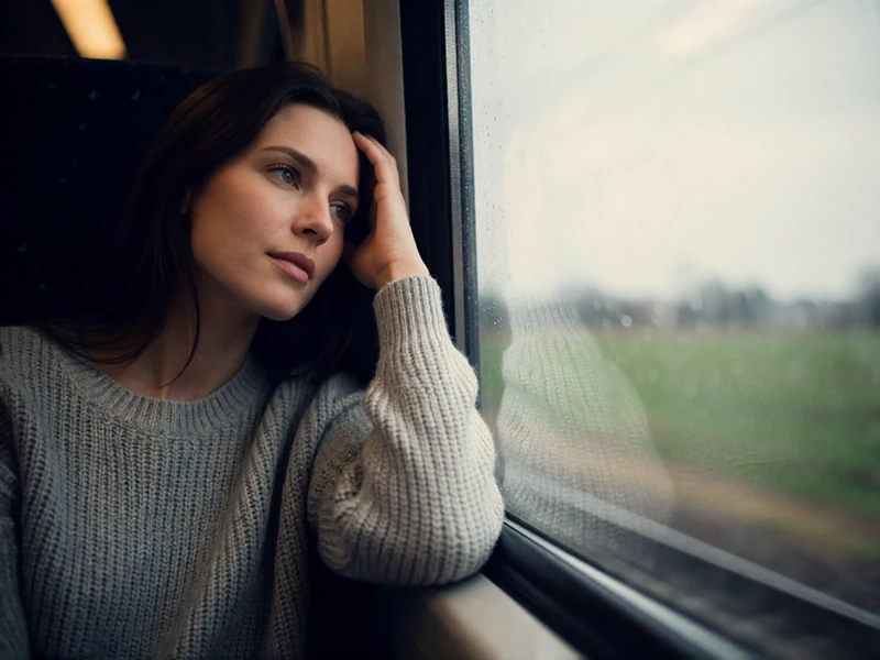 Woman in a grey knit sweater resting her temple against a train window watching blurred countryside pass by