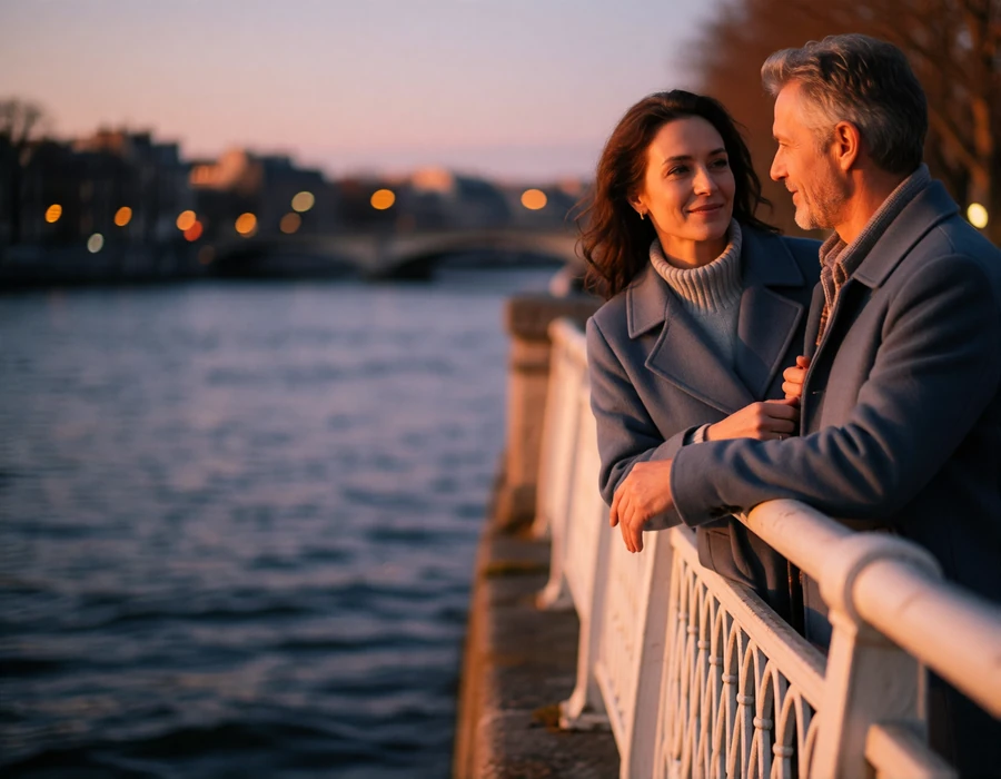 Couple in their forties leaning on a riverside railing at dusk with a soft city glow behind them