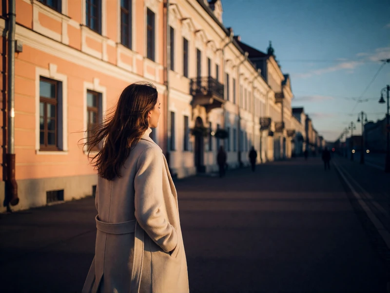 Woman in a long wool coat walking along a chestnut-lined Eastern European boulevard in late afternoon light