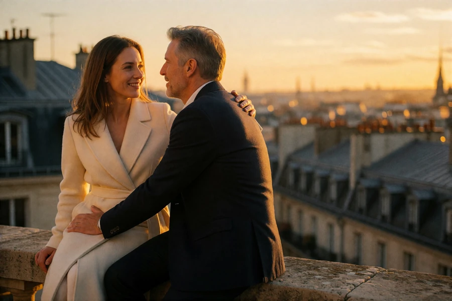 Couple in their forties on a stone terrace overlooking a European city at sunset