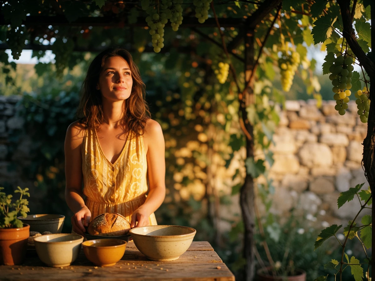 Moldovan woman setting a rustic outdoor table with bread and ceramic bowls beneath a grapevine pergola