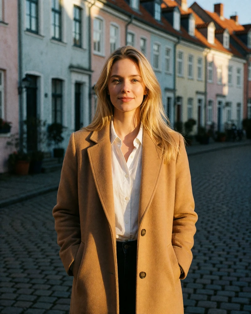 Verified profile portrait of a blonde Czech woman in a camel wool coat standing on a cobbled street