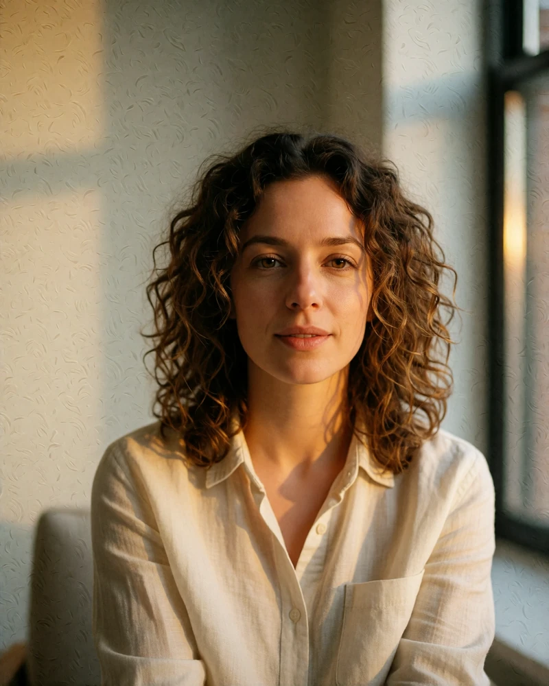 Diana, a 32-year-old curly-haired woman from Chișinău, seated near a sunlit window