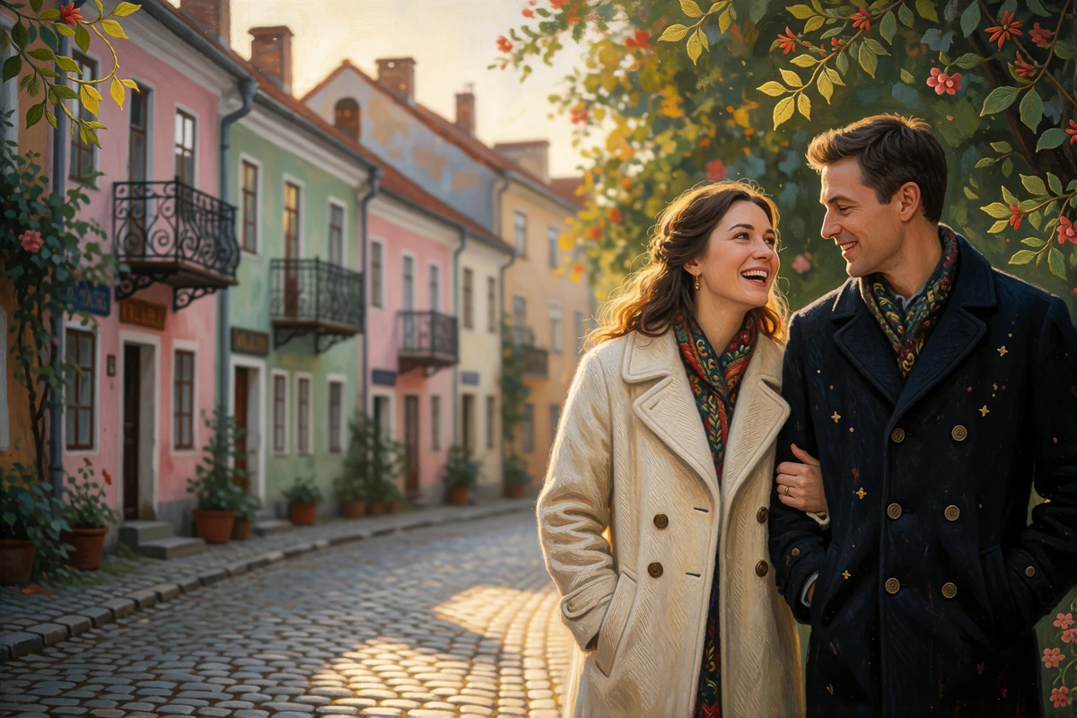Couple walking together along a cobbled European old-town street in warm late-afternoon light