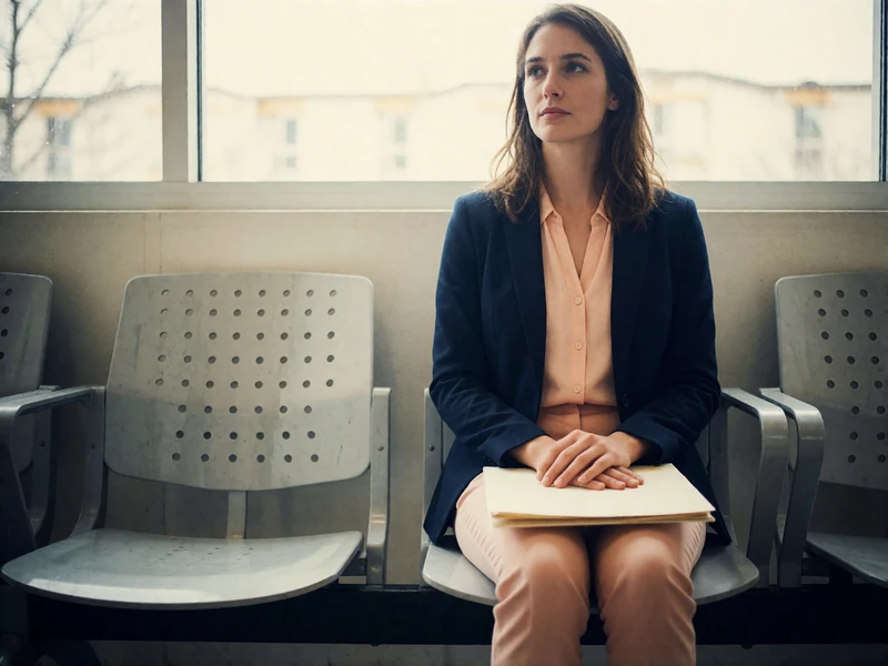 Woman in a navy blazer waiting calmly in a bright embassy waiting area with a folder in her lap