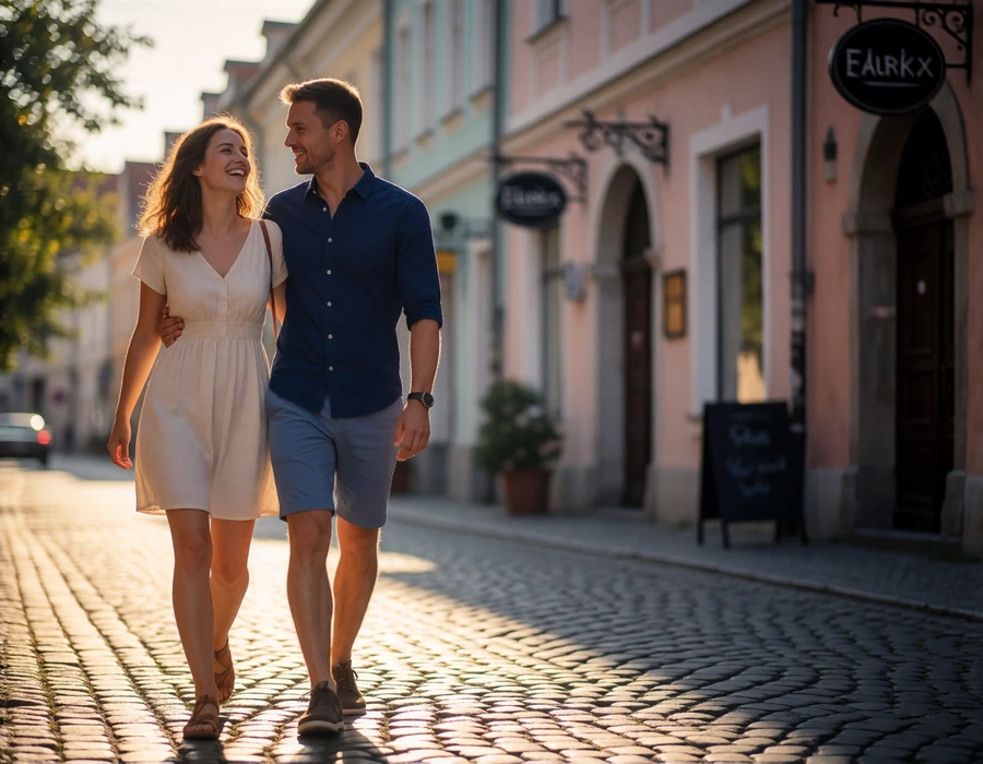 Couple walking together along a cobbled old-town street in Europe, the woman laughing in a light summer dress