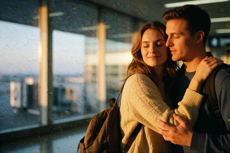 Couple embracing at an airport arrivals hall after months of long-distance communication