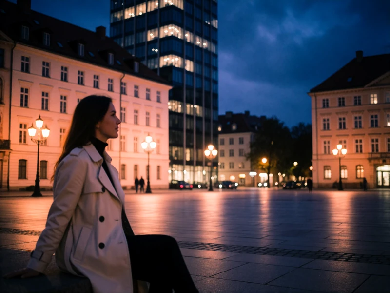 Woman in a light trench coat crossing a warmly lit evening city square at dusk