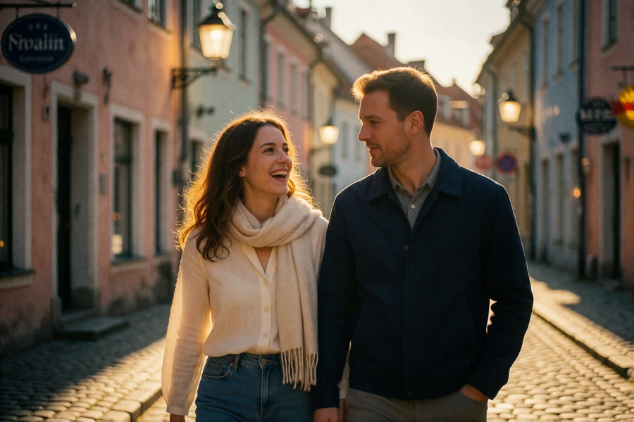 Couple in their thirties walking together along a cobbled old-town lane at golden hour