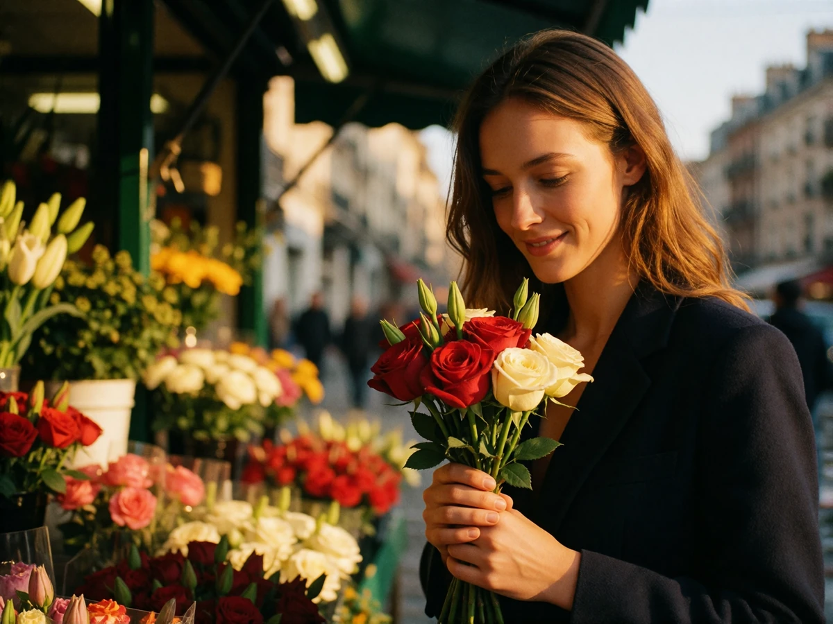 Woman holding a small bouquet of red and cream flowers at a European flower stall in warm morning light
