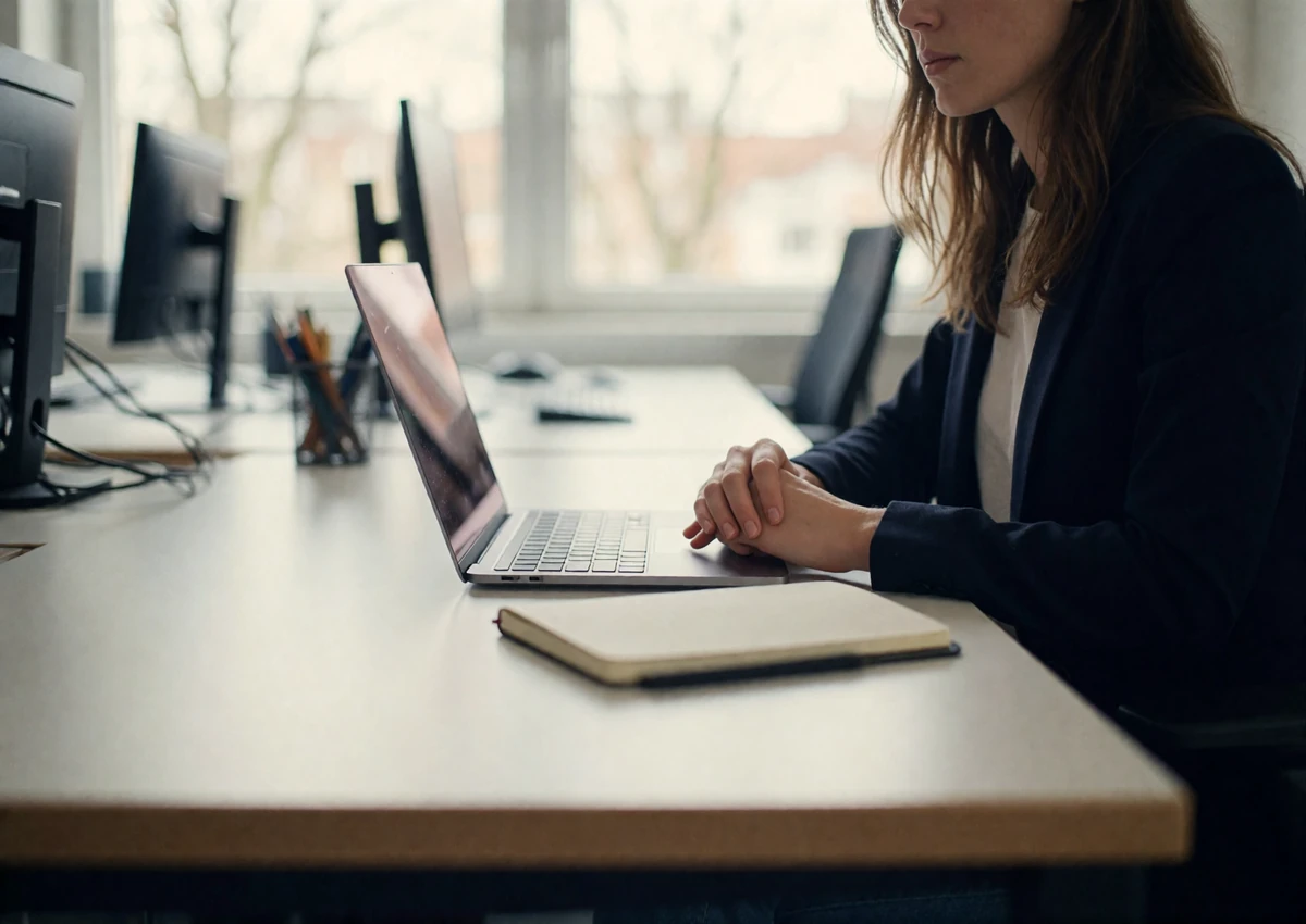 Woman in a dark blazer reviewing profile details at a minimal office desk during identity confirmation work