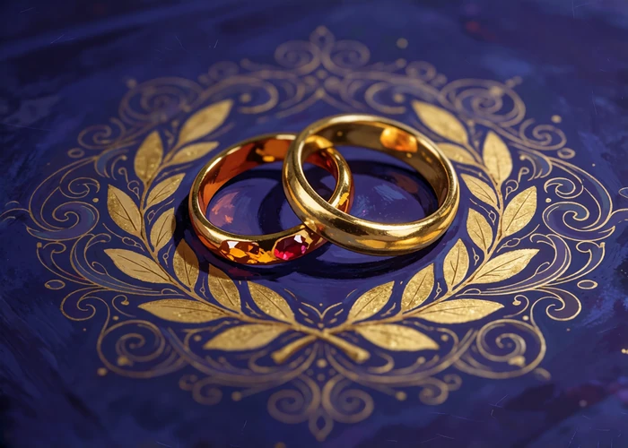Illustrated pair of interlocking gold wedding bands above a small laurel wreath with radiating filigree