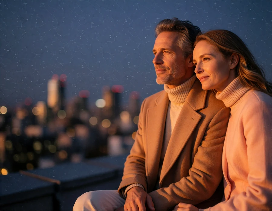 Couple in their early forties sitting close together on a rooftop terrace at dusk with a city skyline glowing behind them