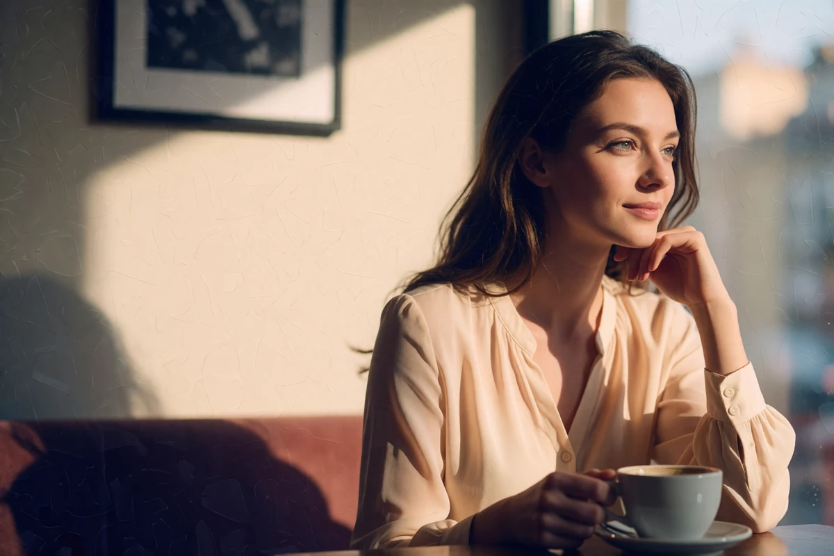 Young woman in a cream blouse sitting thoughtfully by the window of an upscale Sofia cafe