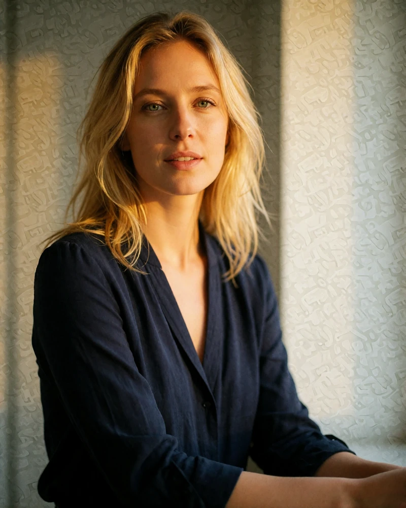 Blonde Slovak woman in a navy blouse standing warmly in a bright modern kitchen