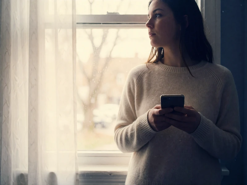Woman in a cream sweater holding a smartphone face-down against her chest by a window