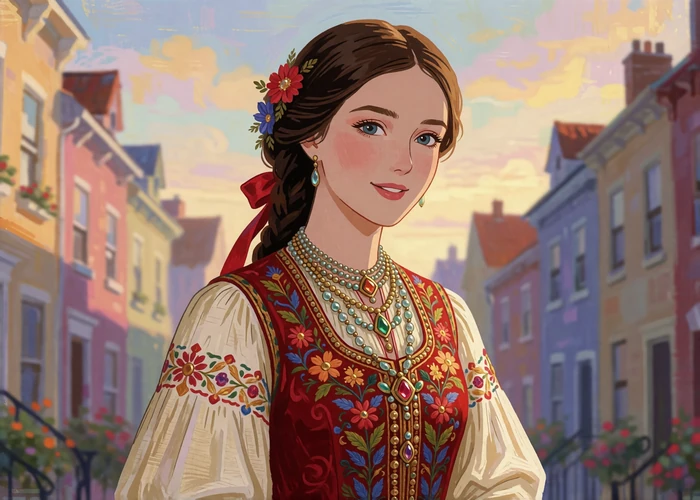 Illustrated young woman in a red and cream folk-embroidered vest with a floral ribbon in her hair