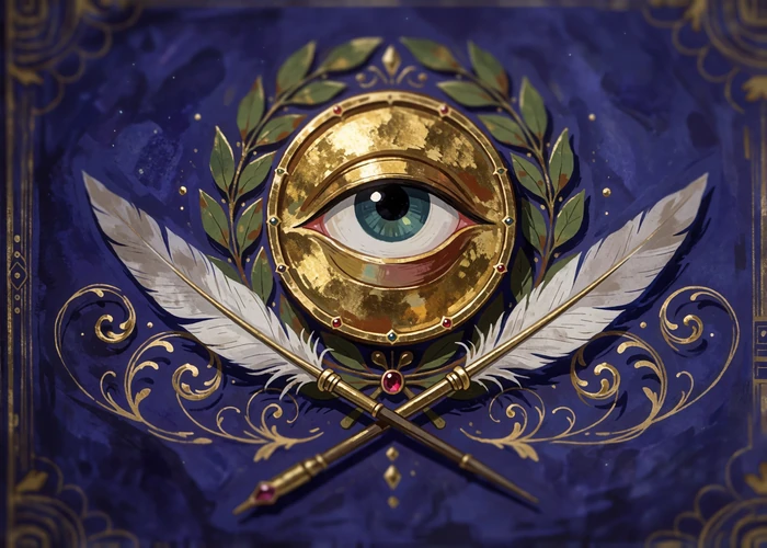 Illustrated gold eye encircled by a laurel ring with crossed quills, symbolizing profile verification and fraud prevention